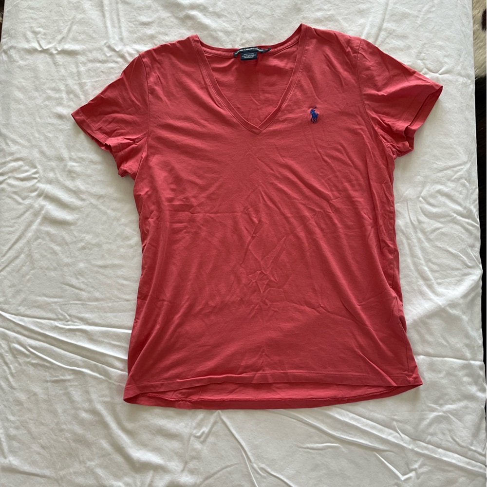 Ralph Lauren Salmon Short Sleeve Vneck T-shirt with logo (Size Large)